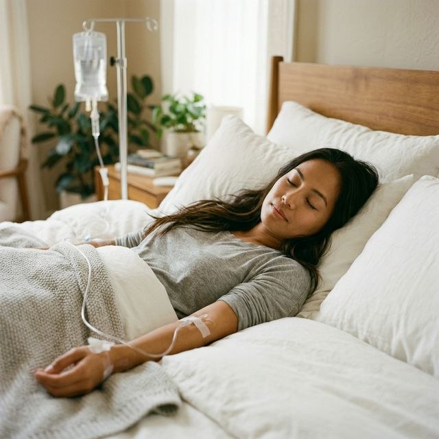 Filipina woman receiving NAD IV drip treatment at home